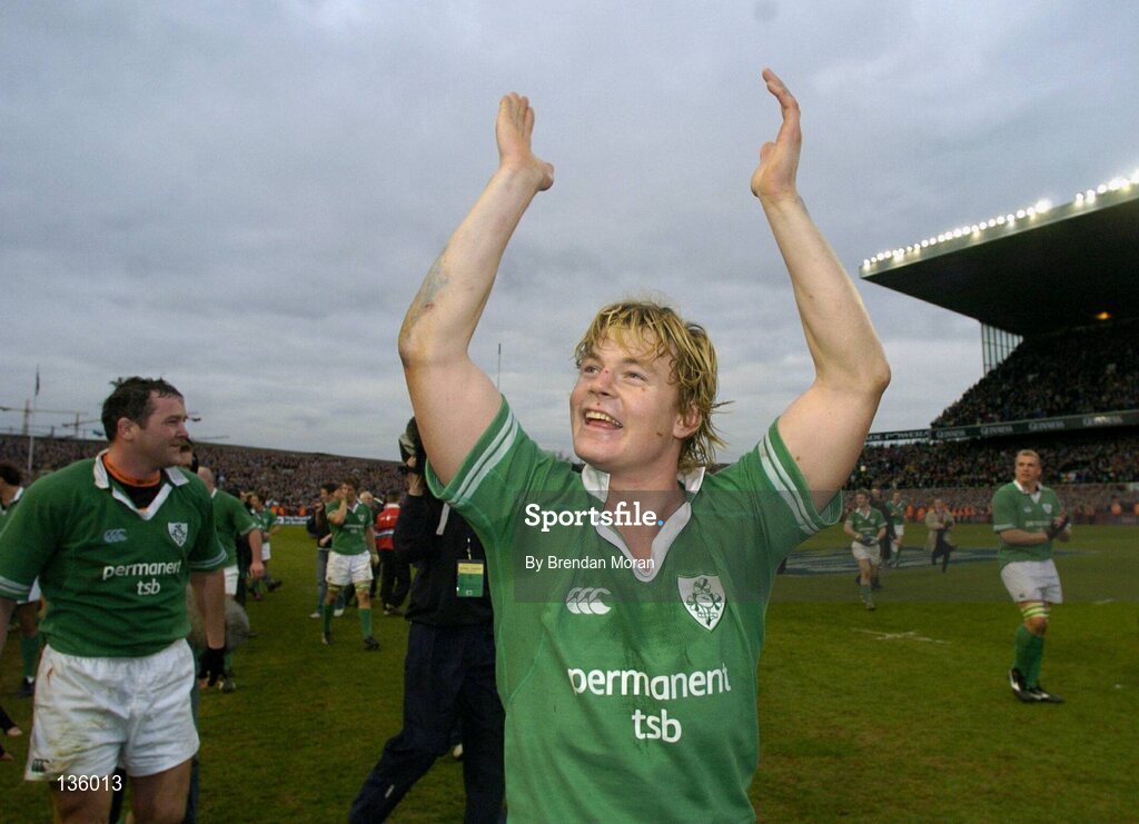 27 March 2004; Ireland captain Brian O'Driscoll celebrates after victory over Scotland. RBS Six Nations Rugby Championship 2003-2004, Ireland v Scotland, Lansdowne Road, Dublin. Picture credit; Brendan Moran / SPORTSFILE *EDI*