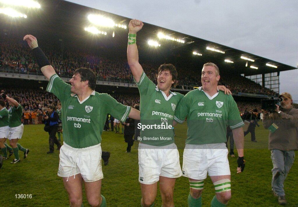27 March 2004; Ireland players l to r, Reggie Corrigan, Shane Horgan and Victor Costello celebrate victory over Scotland. RBS Six Nations Rugby Championship 2003-2004, Ireland v Scotland, Lansdowne Road, Dublin. Picture credit; Brendan Moran / SPORTSFILE *EDI*