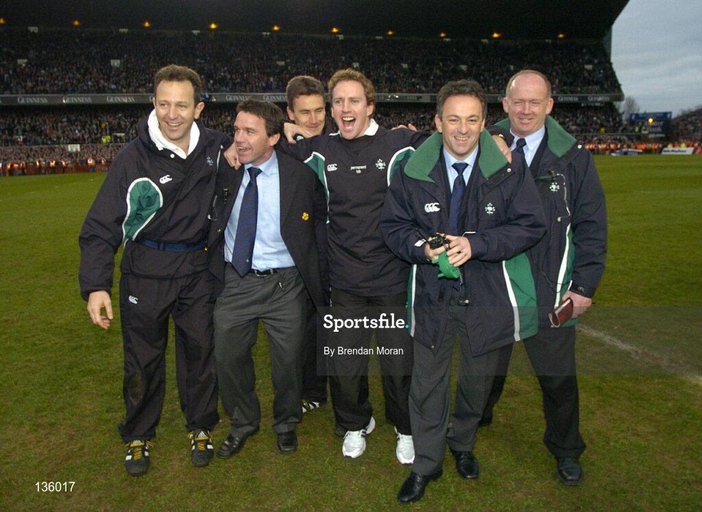 27 March 2004; The Ireland backroom staff of, from left, Ailbe McCormack, team physiotherapist, Mike Ford, Defence coach, Dr Gary O'Driscoll, team doctor, Mike McGurn, Fitness coach, Mark Tainton, Kicking coach and Declan Kidney, Assistant coach. RBS Six Nations Rugby Championship 2003-2004, Ireland v Scotland, Lansdowne Road, Dublin. Picture credit; Brendan Moran / SPORTSFILE *EDI*