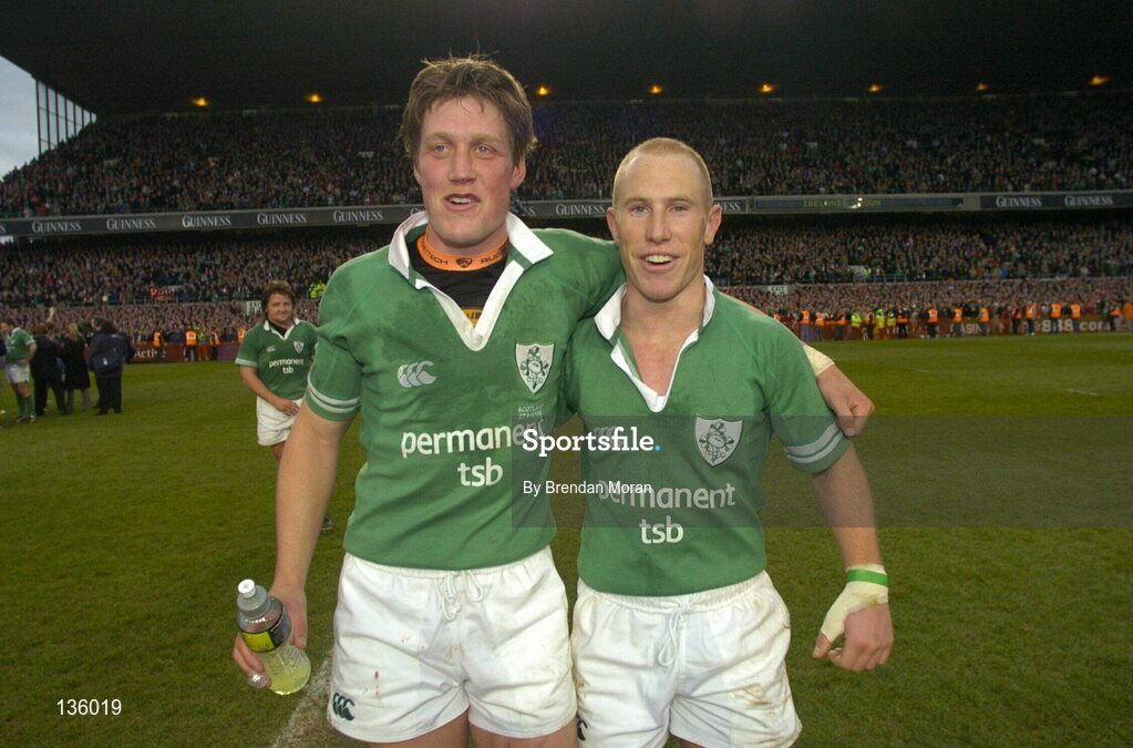 27 March 2004; Ireland out-half Ronan O'Gara, left, and scrum-half Peter Stringer after victory over Scotland. RBS Six Nations Rugby Championship 2003-2004, Ireland v Scotland, Lansdowne Road, Dublin. Picture credit; Brendan Moran / SPORTSFILE *EDI*