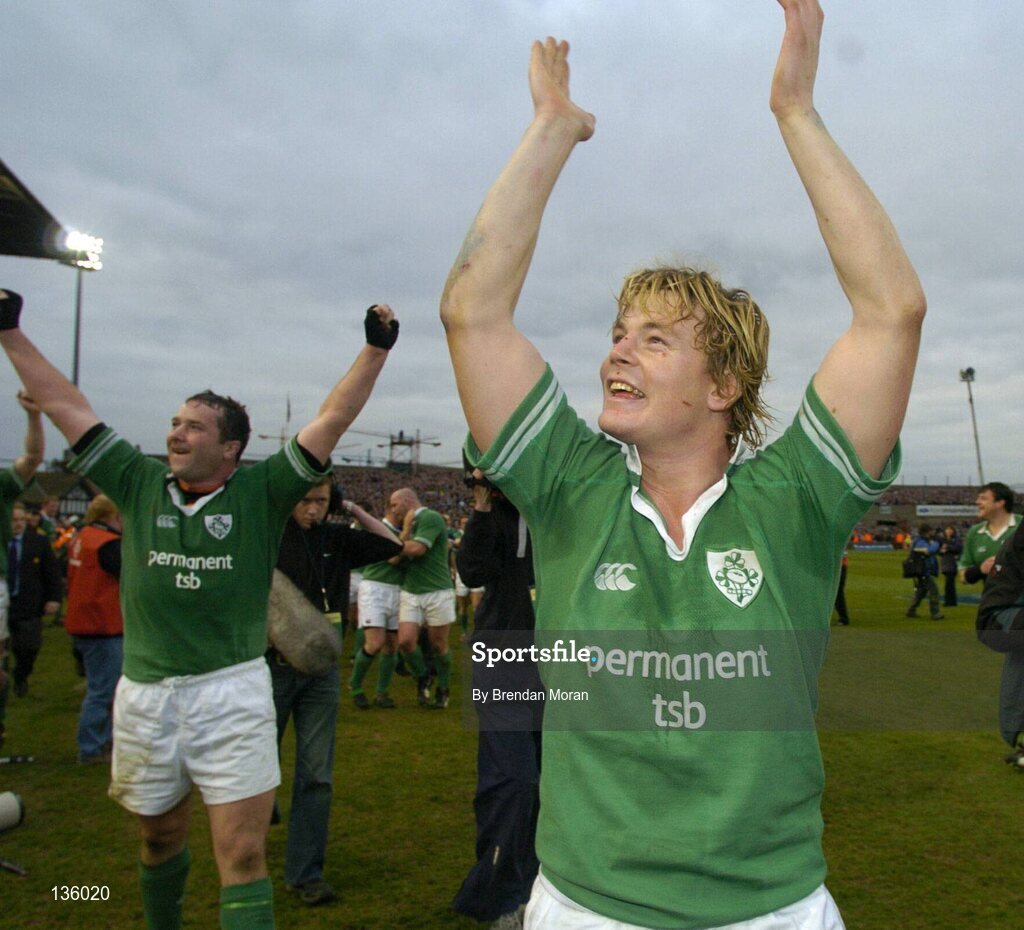 27 March 2004; Ireland captain Brian O'Driscoll and Anthony Foley, left, celebrate victory over Scotland. RBS Six Nations Rugby Championship 2003-2004, Ireland v Scotland, Lansdowne Road, Dublin. Picture credit; Brendan Moran / SPORTSFILE *EDI*