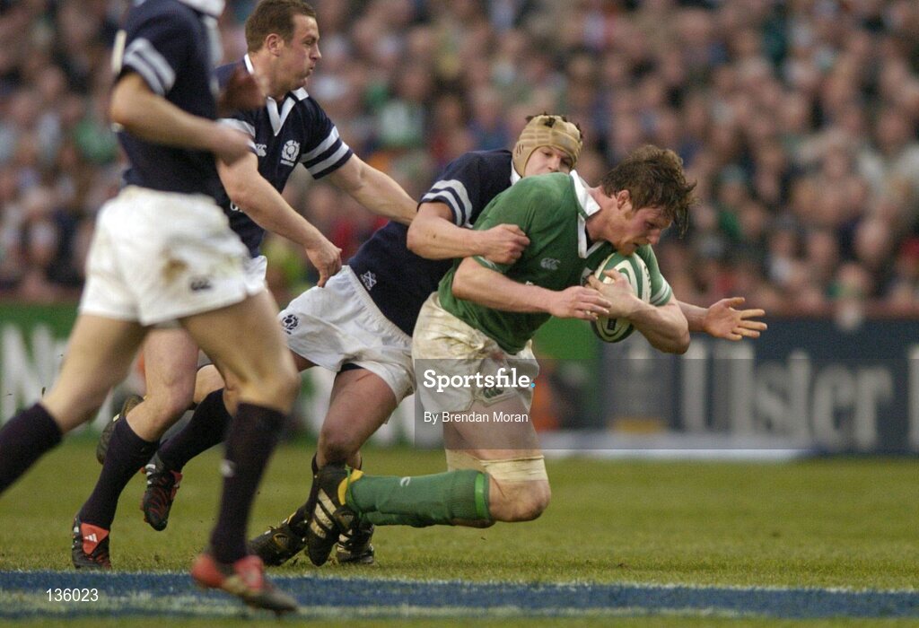 27 March 2004; Malcolm O'Kelly, Ireland, in action against Simon Taylor, Scotland. RBS Six Nations Rugby Championship 2003-2004, Ireland v Scotland, Lansdowne Road, Dublin. Picture credit; Brendan Moran / SPORTSFILE *EDI*