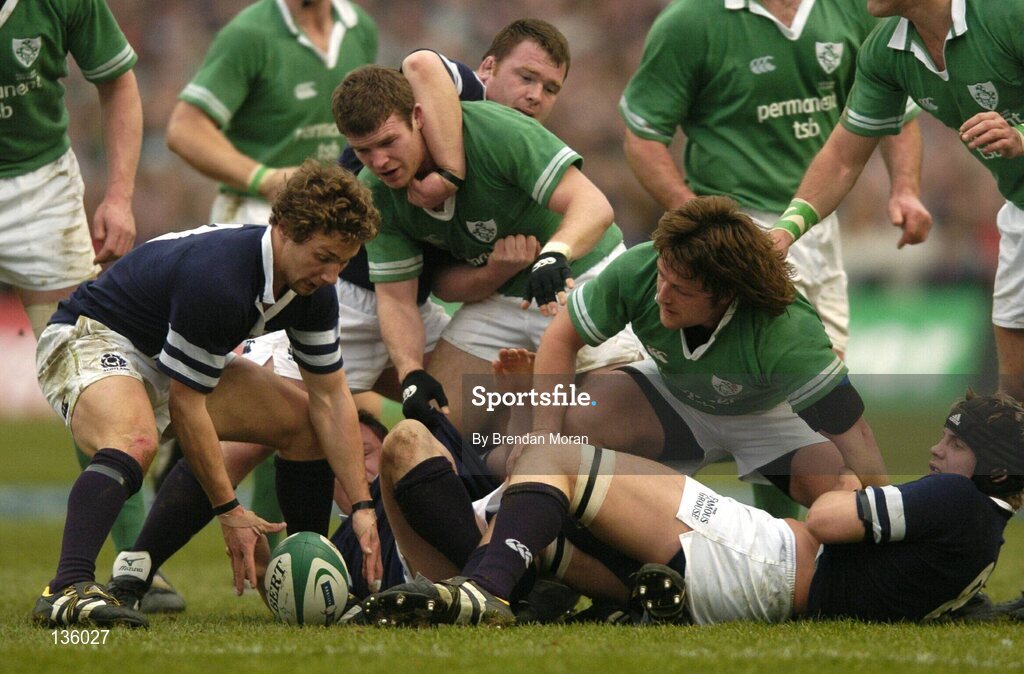 27 March 2004; Chris Cusiter, Scotland, in action against Gordon D'Arcy and Shane Byrne, Ireland. RBS Six Nations Rugby Championship 2003-2004, Ireland v Scotland, Lansdowne Road, Dublin. Picture credit; Brendan Moran / SPORTSFILE *EDI*