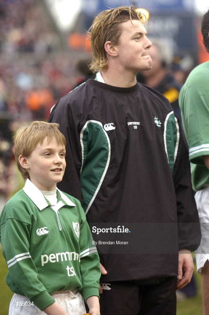 27 March 2004; Mascot Nicholas O'Grady alongside Ireland captain Brian O'Driscoll before the game against Scotland. RBS Six Nations Rugby Championship 2003-2004, Ireland v Scotland, Lansdowne Road, Dublin. Picture credit; Brendan Moran / SPORTSFILE *EDI*