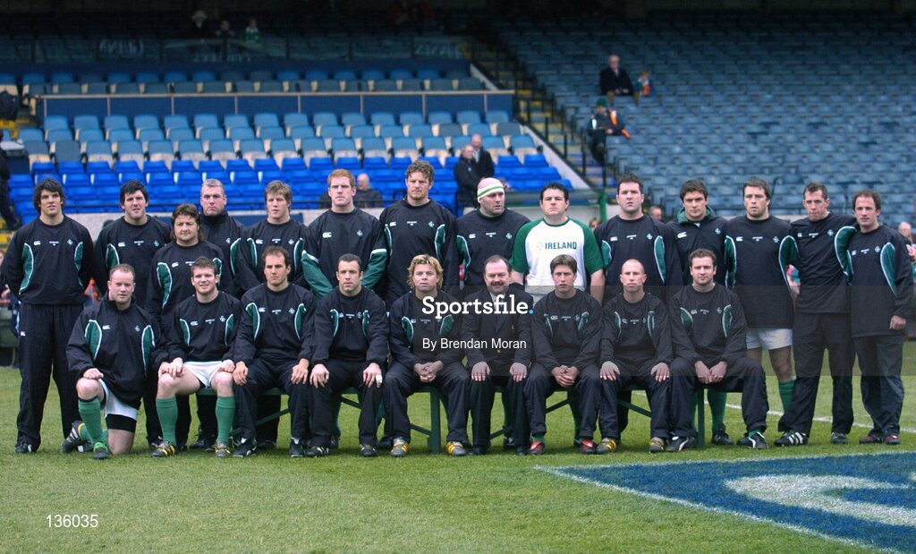 27 March 2004; The Ireland team who defeated Scotland to win the Triple Crown, back row from left, Donnacha O'Callaghan, Shane Horgan, Shane Byrne, Victor Costello, Simon Easterby, Paul O'Connell, Malcolm O'Kelly, John Hayes, Reggie Corrigan, Anthony Foley, David Wallace, Marcus Horan, Guy Easterby and David Humphreys. Front, from left, Frankie Sheahan, Gordon D'Arcy, Girvan Dempsey, Kevin Maggs, Brian O'Driscoll, John Quilligan, President of the IRFU, Ronan O'Gara, Peter Stringer and Geordan Murphy. RBS Six Nations Rugby Championship 2003-2004, Ireland v Scotland, Lansdowne Road, Dublin. Picture credit; Brendan Moran / SPORTSFILE *EDI*