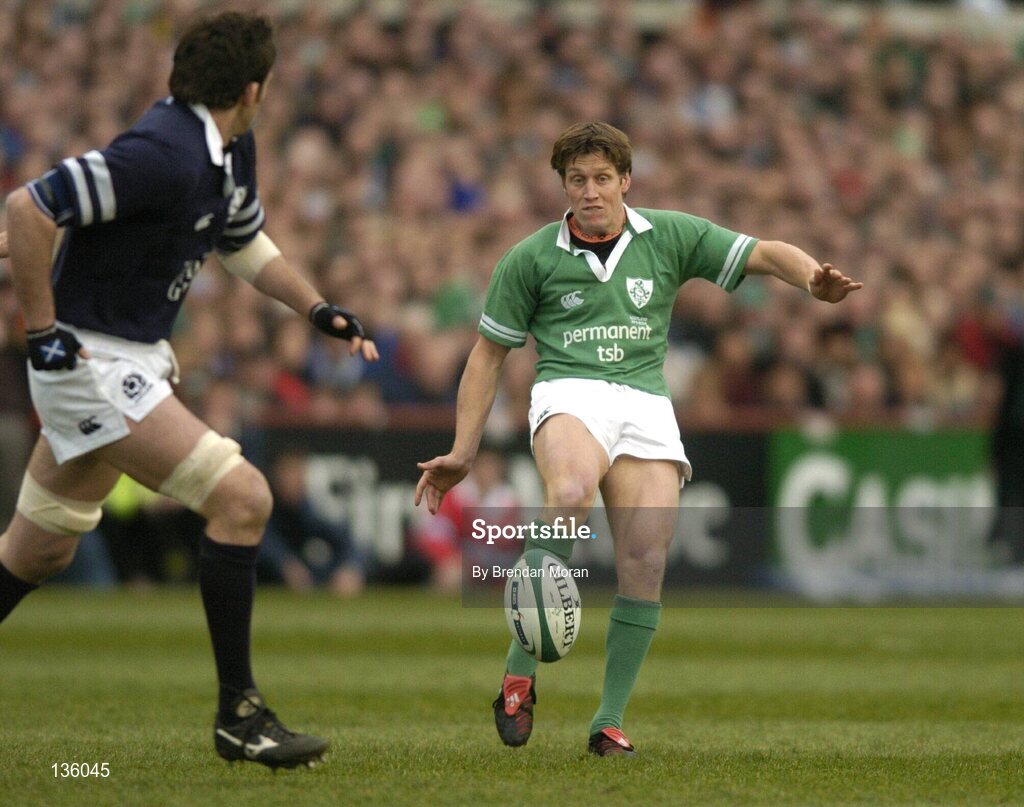 27 March 2004; Ronan O'Gara, Ireland, kicks for touch against Scotland. RBS Six Nations Rugby Championship 2003-2004, Ireland v Scotland, Lansdowne Road, Dublin. Picture credit; Brendan Moran / SPORTSFILE *EDI*
