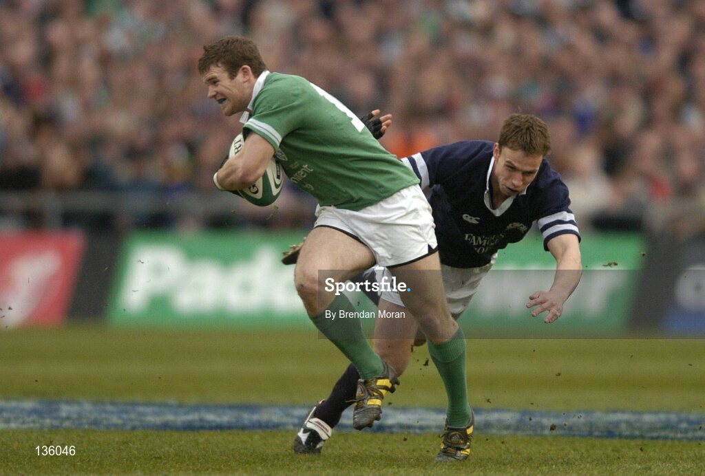 27 March 2004; Gordon D'Arcy, Ireland, in action against Andrew Henderson, Scotland. RBS Six Nations Rugby Championship 2003-2004, Ireland v Scotland, Lansdowne Road, Dublin. Picture credit; Brendan Moran / SPORTSFILE *EDI*