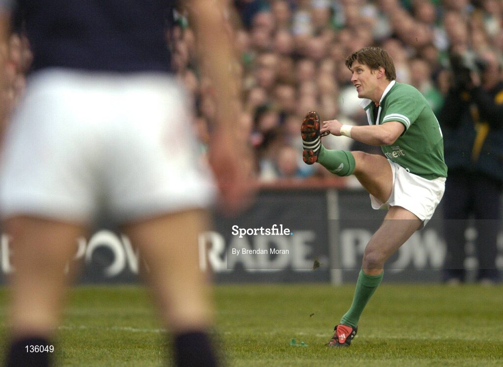 27 March 2004; Ronan O'Gara, Ireland, kicks a penalty against Scotland. RBS Six Nations Rugby Championship 2003-2004, Ireland v Scotland, Lansdowne Road, Dublin. Picture credit; Brendan Moran / SPORTSFILE *EDI*