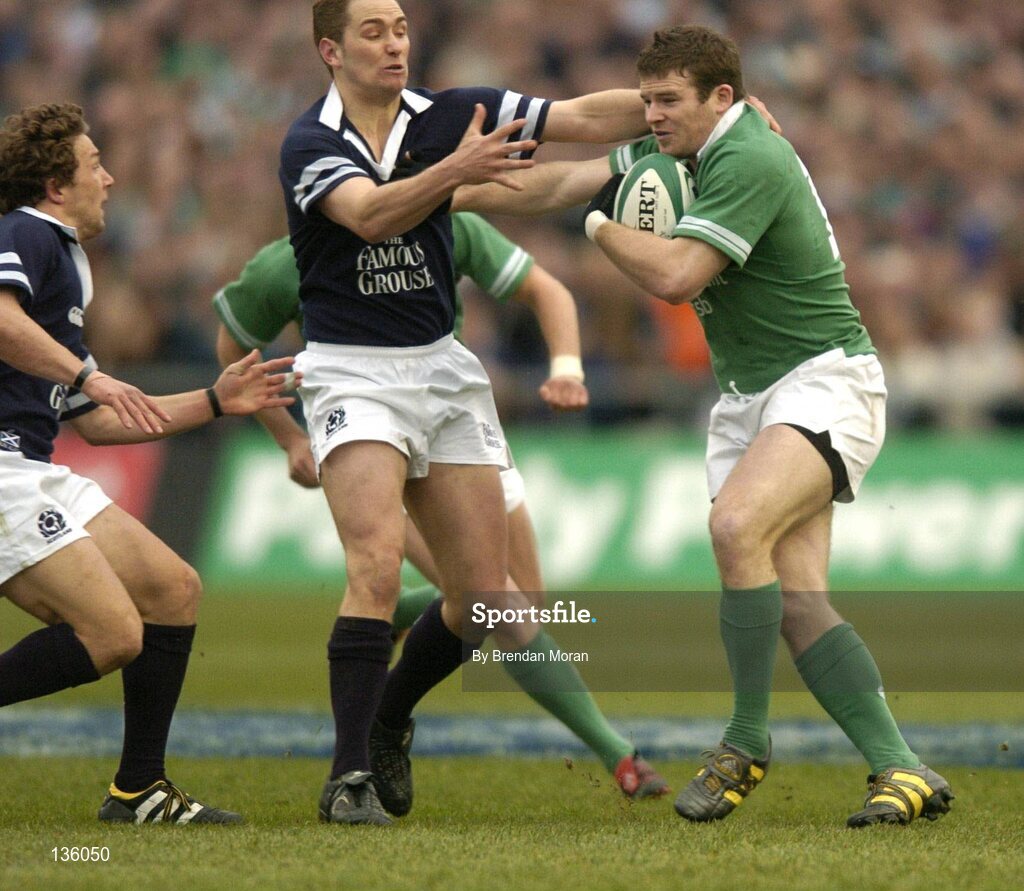 27 March 2004; Gordon D'Arcy, Ireland, in action against Dan Parks and Chris Cusiter, Scotland. RBS Six Nations Rugby Championship 2003-2004, Ireland v Scotland, Lansdowne Road, Dublin. Picture credit; Brendan Moran / SPORTSFILE *EDI*