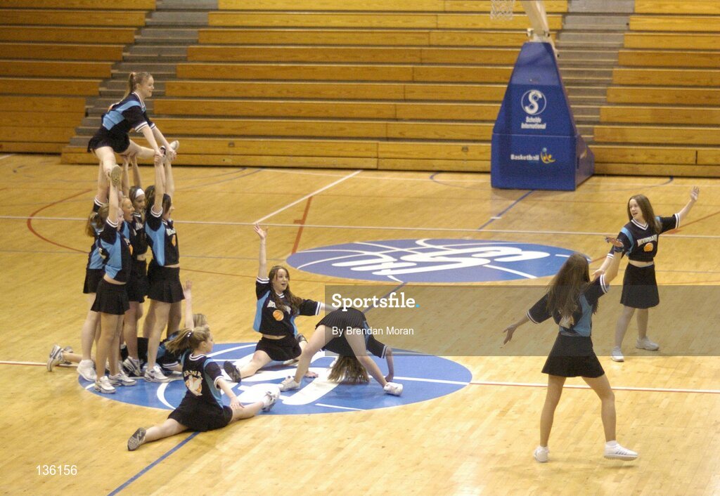24 March 2004; The cheerleaders from Mercy Mounthawk performing at half time. All-Ireland Schoolboys Basketball League, U19 'B'  Final, Malahide Community School, Dublin v Mercy Mounthawk, Tralee, Co. Kerry, ESB Arena, Tallaght, Dublin. Picture credit; Brendan Moran / SPORTSFILE *EDI*