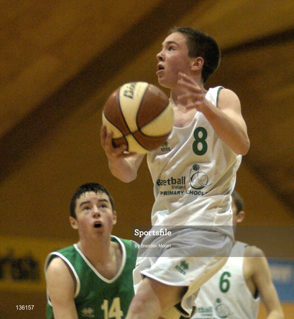 23 March 2004; Thomas Mahon (8), St. Nathy's, in action against Paul Cummins, Ard Scoil Ris. All-Ireland Schoolboys Basketball League, U16 'B'  Final, St Nathy's Co. Roscommon v Ard Scoil Ris, Limerick, ESB Arena, Tallaght, Dublin. Picture credit; Brendan Moran / SPORTSFILE *EDI*