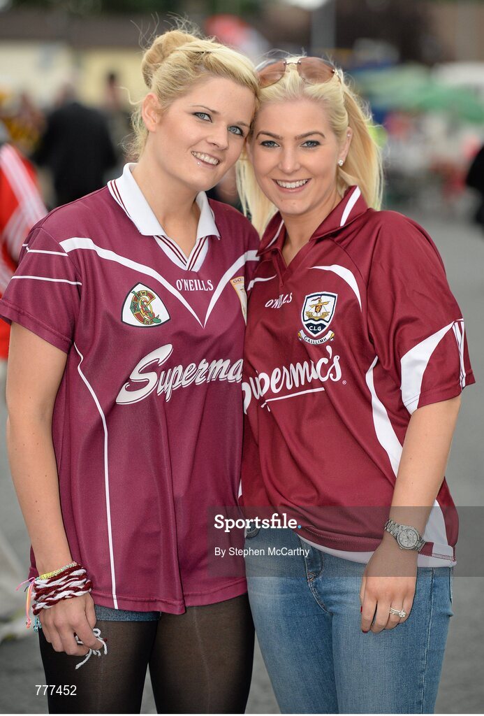 28 July 2013; Jemma Starr, left, and Laura Donoghue, from Woodford, Co. Galway, ahead of the game. GAA Hurling All-Ireland Senior Championship, Quarter-Final, Galway v Clare, Semple Stadium, Thurles, Co. Tipperary. Picture credit: Stephen McCarthy / SPORTSFILE