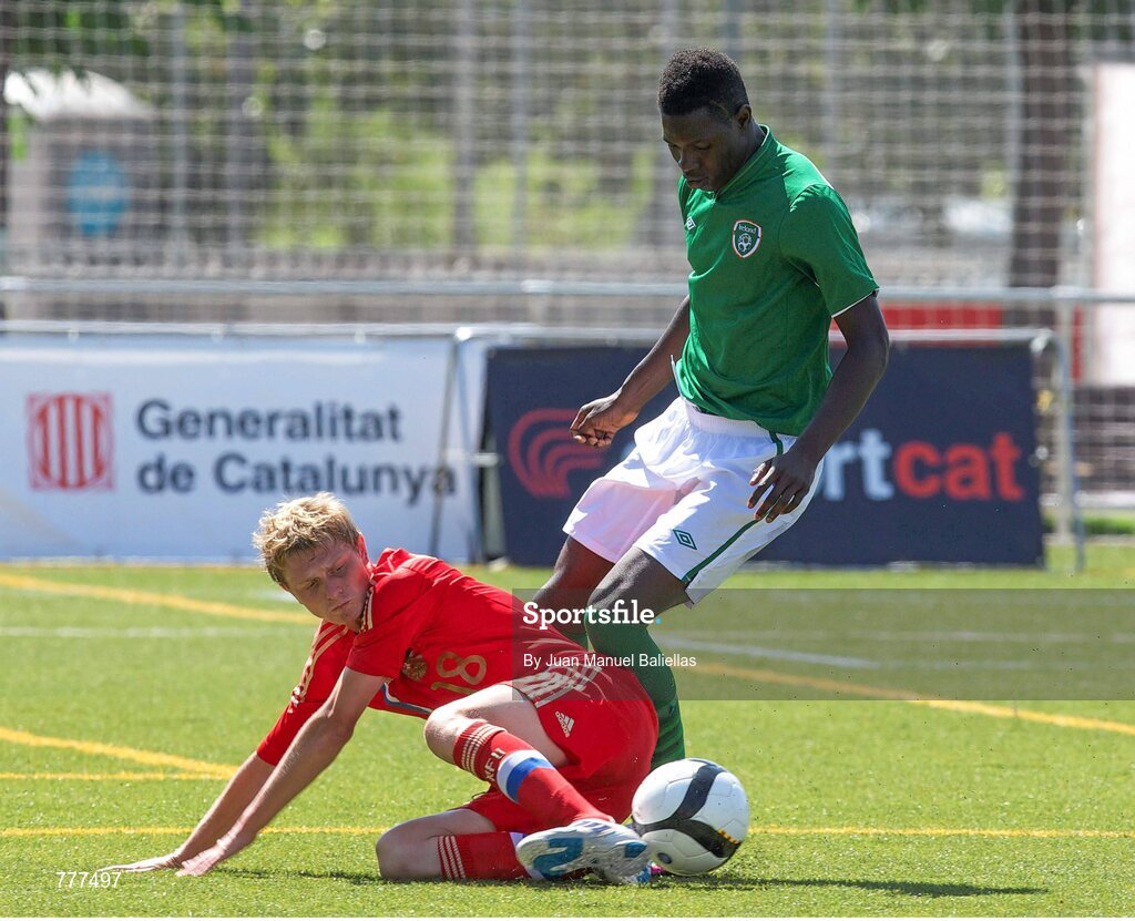28 July 2013; Alexander Kuligin, Russia in action against Tom Badun, Ireland. 2013 CPISRA Intercontinental Cup, Group B, Ireland v Russia, Stadium ZEM Jaume Tubau, Sant Cugat del Valles, Barcelona, Spain. Picture credit: Juan Manuel Baliellas / SPORTSFILE