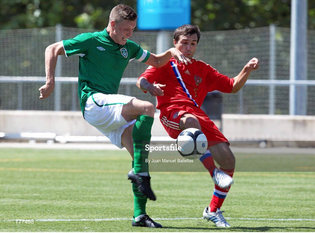 28 July 2013; Luke Evans, Ireland in action against Eduard Ramonov, Russia. 2013 CPISRA Intercontinental Cup, Group B, Ireland v Russia, Stadium ZEM Jaume Tubau, Sant Cugat del Valles, Barcelona, Spain. Picture credit: Juan Manuel Baliellas / SPORTSFILE