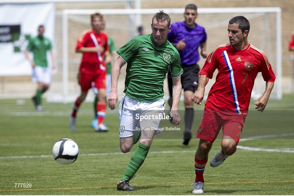 28 July 2013; Ryan Nolan, Ireland in action against Alexey Chesmin, Russia. 2013 CPISRA Intercontinental Cup, Group B, Ireland v Russia, Stadium ZEM Jaume Tubau, Sant Cugat del Valles, Barcelona, Spain. Picture credit: Juan Manuel Baliellas / SPORTSFILE