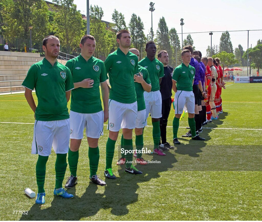 28 July 2013; Ireland and Russia players stand for the National Anthem before the game. 2013 CPISRA Intercontinental Cup, Group B, Ireland v Russia, Stadium ZEM Jaume Tubau, Sant Cugat del Valles, Barcelona, Spain. Picture credit: Juan Manuel Baliellas / SPORTSFILE