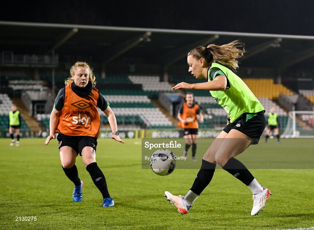 29 November 2021; Katie McCabe with Amber Barrett during a Republic of Ireland Women training session at Tallaght Stadium in Dublin. Photo by Stephen McCarthy/Sportsfile