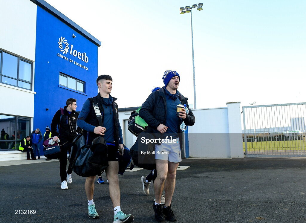 5 December 2021; St Loman's players Danny McCarton, left, and Shane Boyce arrive with their team-mates before the AIB Leinster GAA Football Senior Club Championship Quarter-Final match between Portarlington and St Loman's at MW Hire O’Moore Park in Portlaoise, Laois. Photo by Matt Browne/Sportsfile