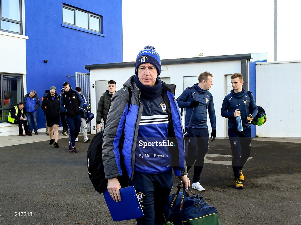 5 December 2021; Declan Kelly manager of St Loman's arrives with his players before the AIB Leinster GAA Football Senior Club Championship Quarter-Final match between Portarlington and St Loman's at MW Hire O’Moore Park in Portlaoise, Laois. Photo by Matt Browne/Sportsfile