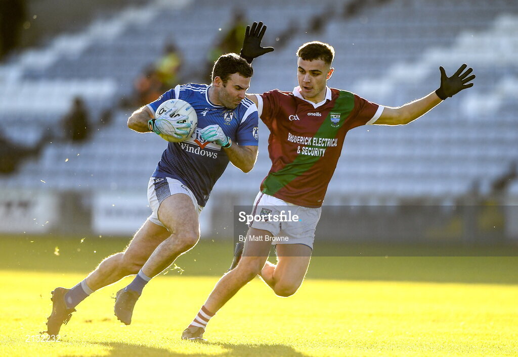5 December 2021; Paddy Dowdall of St Loman's in action against Ronan Coffey of Portarlington during the AIB Leinster GAA Football Senior Club Championship Quarter-Final match between Portarlington and St Loman's at MW Hire O’Moore Park in Portlaoise, Laois. Photo by Matt Browne/Sportsfile