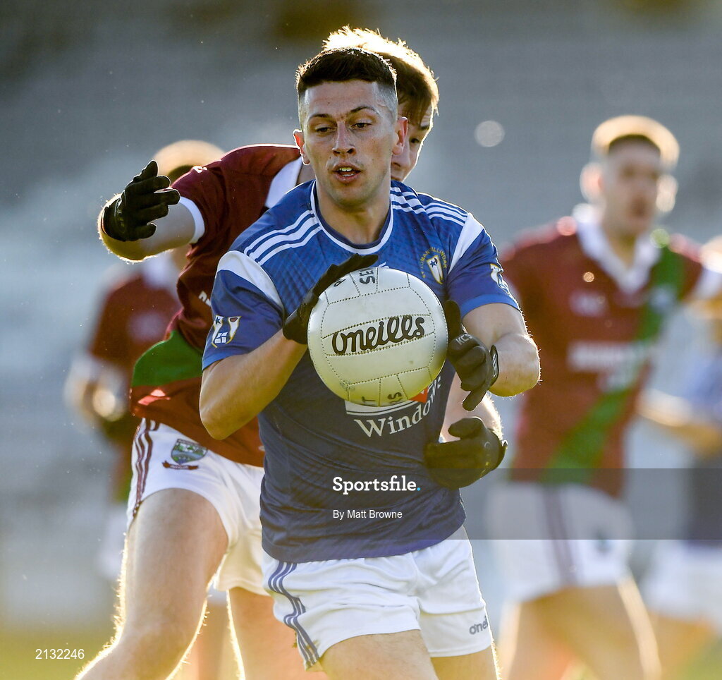5 December 2021; Ronan O'Toole of St Loman's in action against Alex Mohan of Portarlington during the AIB Leinster GAA Football Senior Club Championship Quarter-Final match between Portarlington and St Loman's at MW Hire O’Moore Park in Portlaoise, Laois. Photo by Matt Browne/Sportsfile