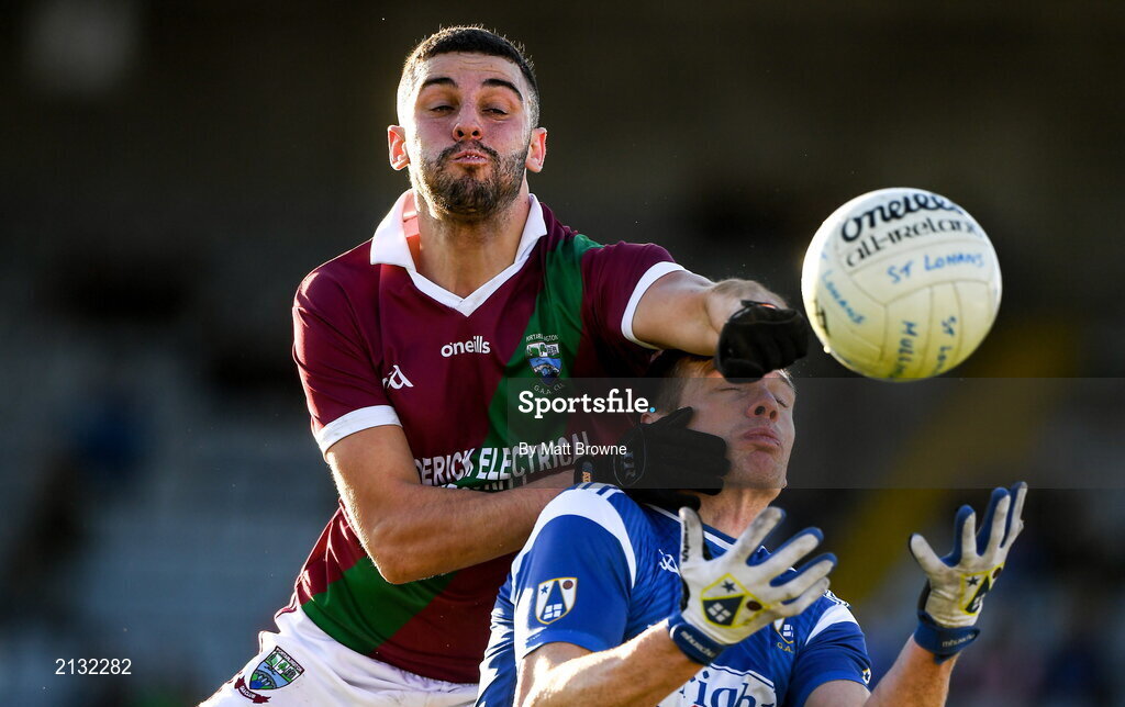 5 December 2021; Robert Pigott of Portarlington in action against John Heslin of St Loman's during the AIB Leinster GAA Football Senior Club Championship Quarter-Final match between Portarlington and St Loman's at MW Hire O’Moore Park in Portlaoise, Laois. Photo by Matt Browne/Sportsfile