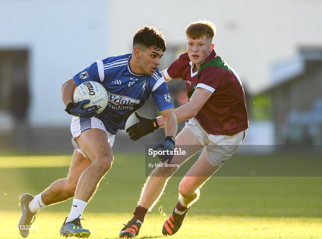 5 December 2021; TJ Cox of St Loman's in action against Rioghan Murphy of Portarlington during the AIB Leinster GAA Football Senior Club Championship Quarter-Final match between Portarlington and St Loman's at MW Hire O’Moore Park in Portlaoise, Laois. Photo by Matt Browne/Sportsfile