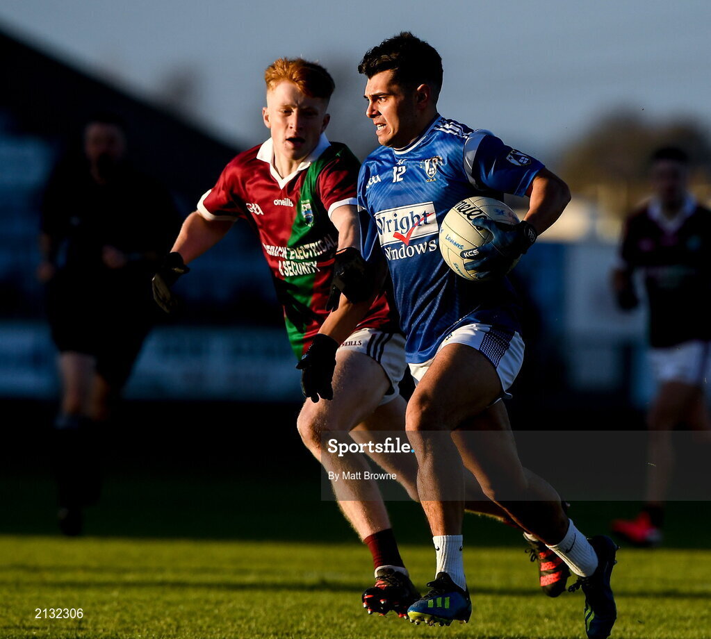 5 December 2021; TJ Cox of St Loman's in action against Rioghan Murphy of Portarlington during the AIB Leinster GAA Football Senior Club Championship Quarter-Final match between Portarlington and St Loman's at MW Hire O’Moore Park in Portlaoise, Laois. Photo by Matt Browne/Sportsfile