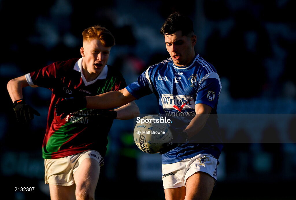 5 December 2021; TJ Cox of St Loman's in action against Rioghan Murphy of Portarlington during the AIB Leinster GAA Football Senior Club Championship Quarter-Final match between Portarlington and St Loman's at MW Hire O’Moore Park in Portlaoise, Laois. Photo by Matt Browne/Sportsfile