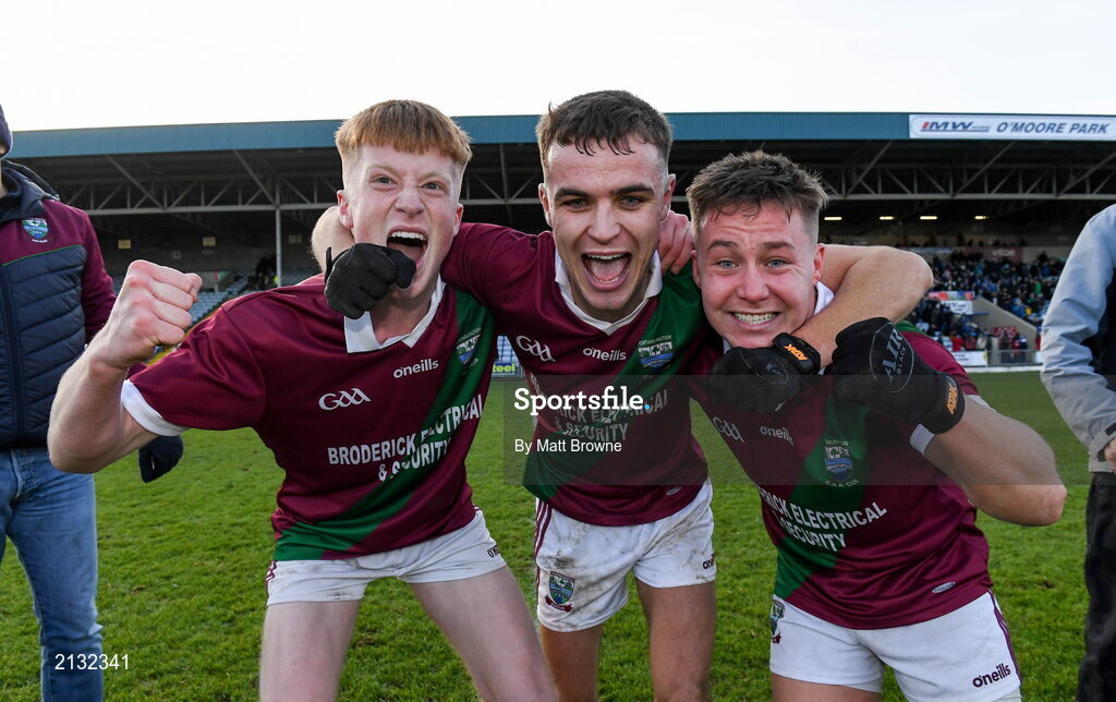 5 December 2021; Portarlington players from left Rioghan Murphy, Ronan Coffey and Jake Foster celebrate after the AIB Leinster GAA Football Senior Club Championship Quarter-Final match between Portarlington and St Loman's at MW Hire O’Moore Park in Portlaoise, Laois. Photo by Matt Browne/Sportsfile