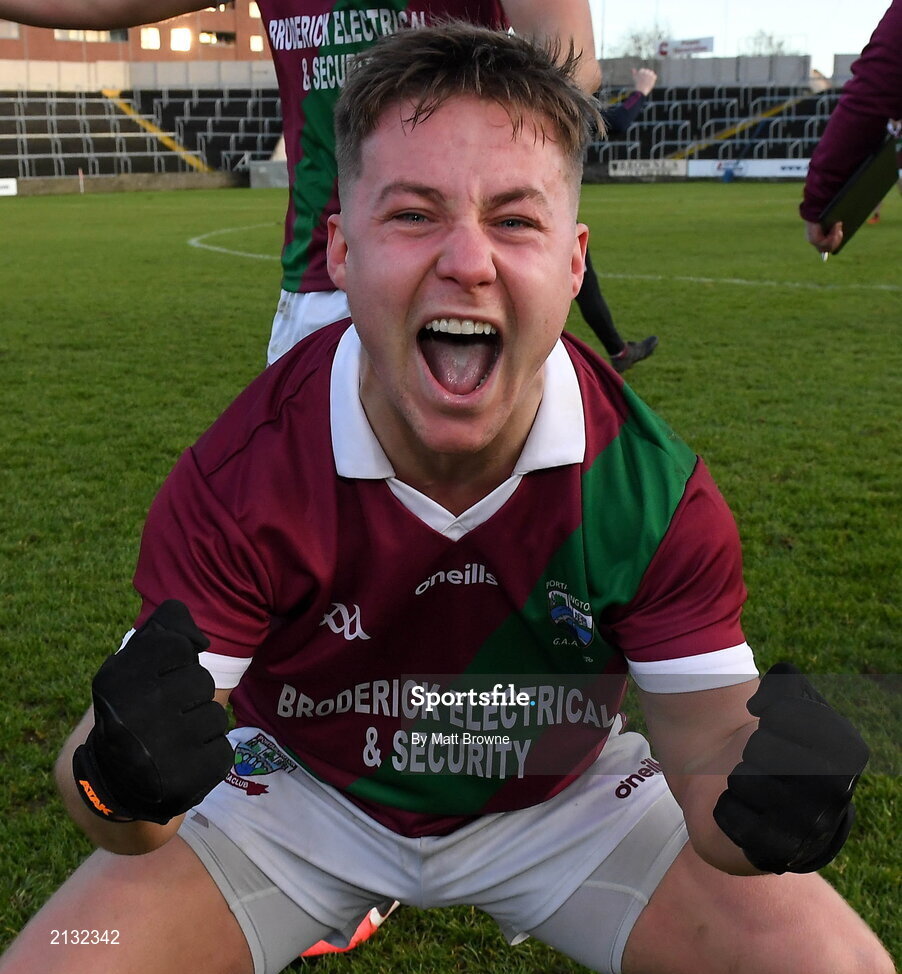 5 December 2021; Jake Foster of Portarlington celebrates after the AIB Leinster GAA Football Senior Club Championship Quarter-Final match between Portarlington and St Loman's at MW Hire O’Moore Park in Portlaoise, Laois. Photo by Matt Browne/Sportsfile