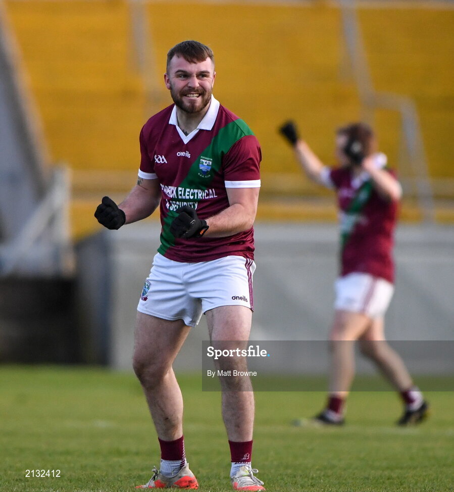 5 December 2021; Jordan Fitzpatrick of Portarlington celebrates after the AIB Leinster GAA Football Senior Club Championship Quarter-Final match between Portarlington and St Loman's at MW Hire O’Moore Park in Portlaoise, Laois. Photo by Matt Browne/Sportsfile