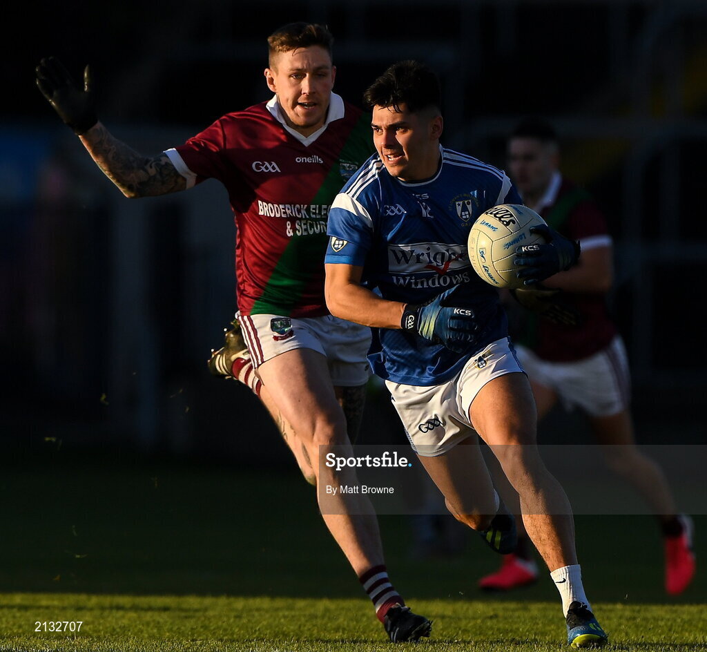 5 December 2021; TJ Cox of St Loman's in action against Stuart Mulpeter of Portarlington during the AIB Leinster GAA Football Senior Club Championship Quarter-Final match between Portarlington and St Loman's at MW Hire O’Moore Park in Portlaoise, Laois. Photo by Matt Browne/Sportsfile