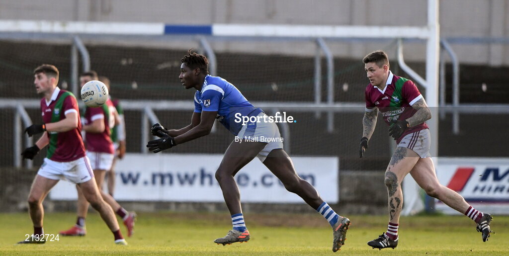 5 December 2021; Fola Ayorinde of St Loman's in action against Portarlington during the AIB Leinster GAA Football Senior Club Championship Quarter-Final match between Portarlington and St Loman's at MW Hire O’Moore Park in Portlaoise, Laois. Photo by Matt Browne/Sportsfile