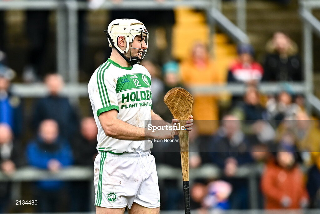 12 December 2021; Joe Cuddihy of Shamrocks Ballyhale celebrates after scoring his side's second goal during the AIB Leinster GAA Hurling Senior Club Championship Semi-Final match between St Rynaghs and Shamrocks Ballyhale at Bord na Mona O’Connor Park in Tullamore, Offaly. Photo by Eóin Noonan/Sportsfile