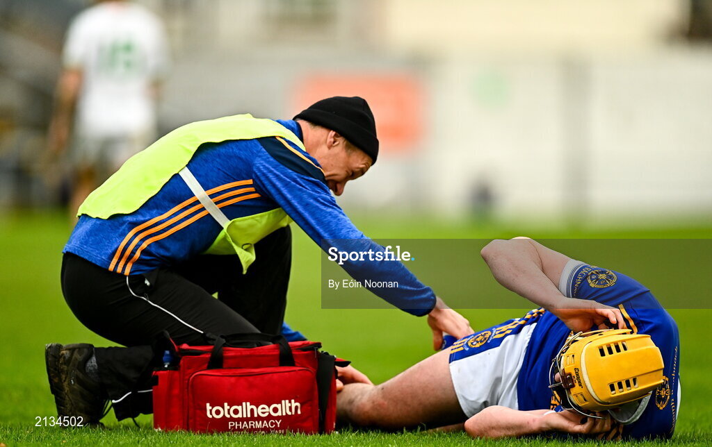 12 December 2021; Pat Camon of St Rynaghs after sustaining an injury during the AIB Leinster GAA Hurling Senior Club Championship Semi-Final match between St Rynaghs and Shamrocks Ballyhale at Bord na Mona O’Connor Park in Tullamore, Offaly. Photo by Eóin Noonan/Sportsfile