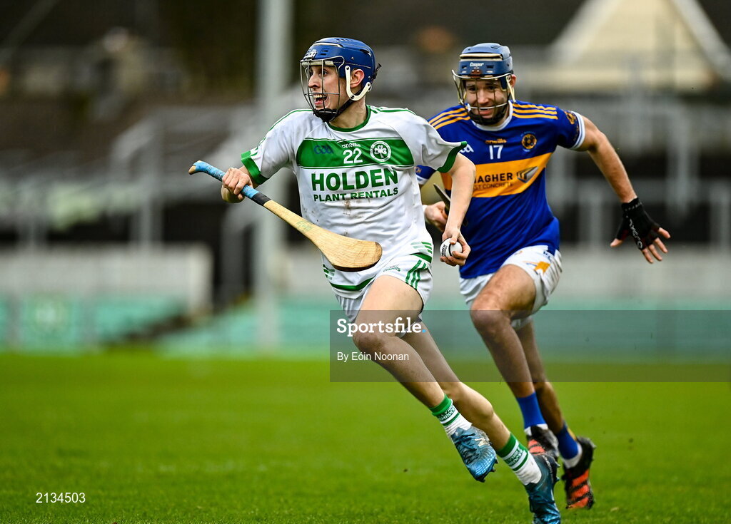 12 December 2021; Eoin Kenneally of Shamrocks Ballyhale in action against Paul Quirke of St Rynaghs during the AIB Leinster GAA Hurling Senior Club Championship Semi-Final match between St Rynaghs and Shamrocks Ballyhale at Bord na Mona O’Connor Park in Tullamore, Offaly. Photo by Eóin Noonan/Sportsfile
