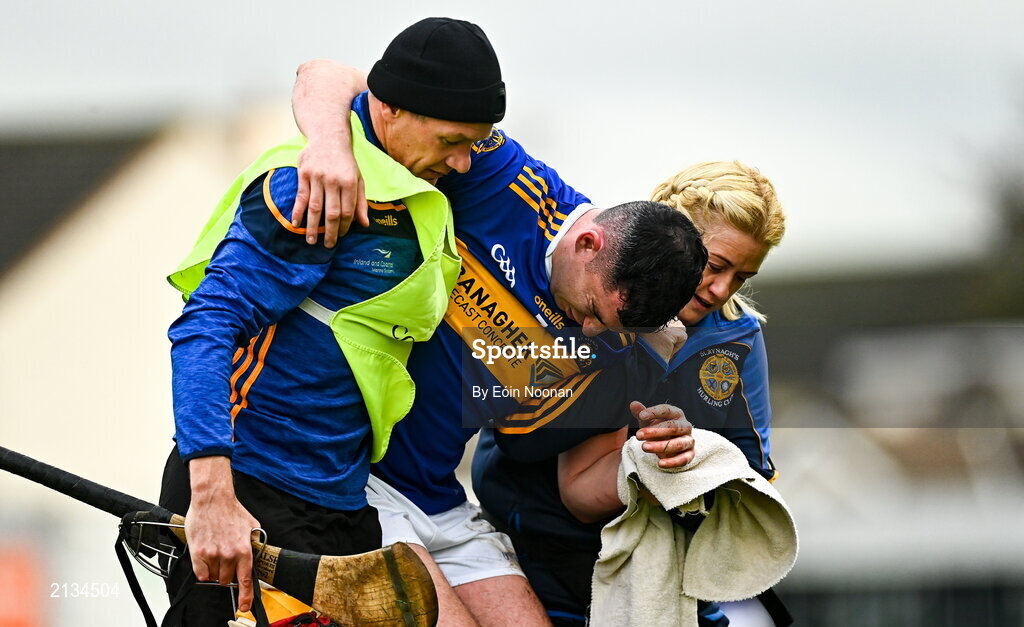 12 December 2021; Pat Camon of St Rynaghs his helped off the filed after sustaining an injury during the AIB Leinster GAA Hurling Senior Club Championship Semi-Final match between St Rynaghs and Shamrocks Ballyhale at Bord na Mona O’Connor Park in Tullamore, Offaly. Photo by Eóin Noonan/Sportsfile