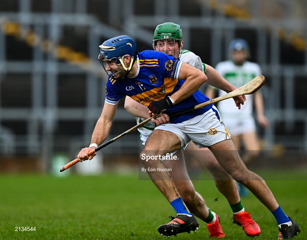 12 December 2021; Paul Quirke of St Rynaghs in action against Evan Shefflin of Shamrocks Ballyhale during the AIB Leinster GAA Hurling Senior Club Championship Semi-Final match between St Rynaghs and Shamrocks Ballyhale at Bord na Mona O’Connor Park in Tullamore, Offaly. Photo by Eóin Noonan/Sportsfile