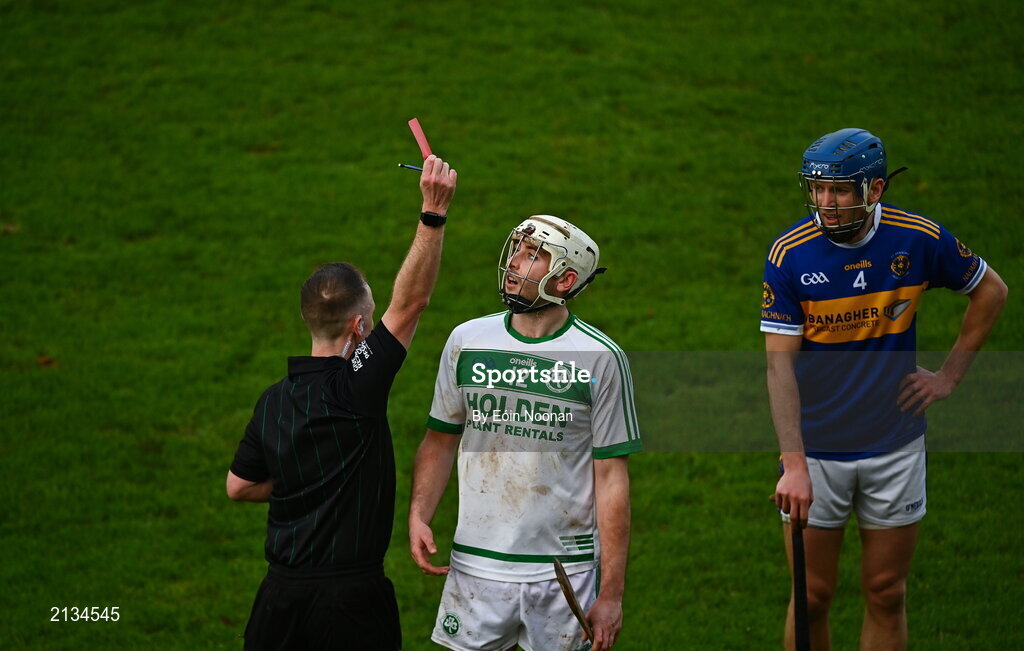 12 December 2021; Joe Cuddihy of Shamrocks Ballyhale is shown a red card by referee Chris Mooney during the AIB Leinster GAA Hurling Senior Club Championship Semi-Final match between St Rynaghs and Shamrocks Ballyhale at Bord na Mona O’Connor Park in Tullamore, Offaly. Photo by Eóin Noonan/Sportsfile