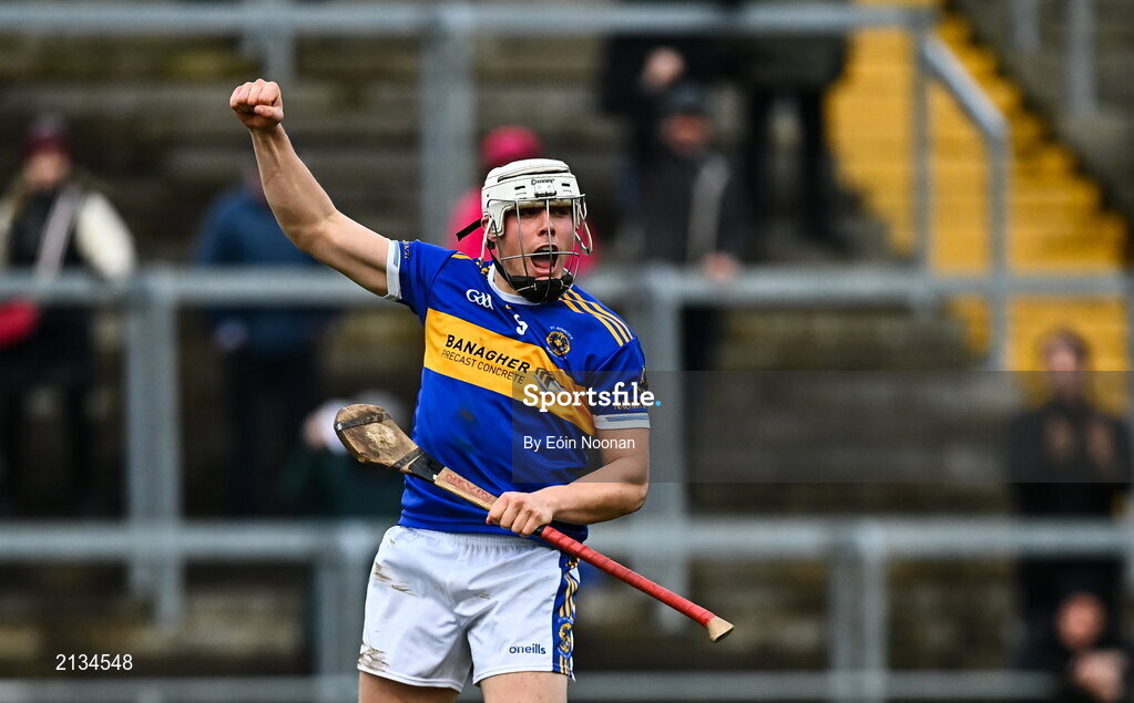 12 December 2021; Ronan Hughes of St Rynaghs celebrates after scoring his side's second goal during the AIB Leinster GAA Hurling Senior Club Championship Semi-Final match between St Rynaghs and Shamrocks Ballyhale at Bord na Mona O’Connor Park in Tullamore, Offaly. Photo by Eóin Noonan/Sportsfile