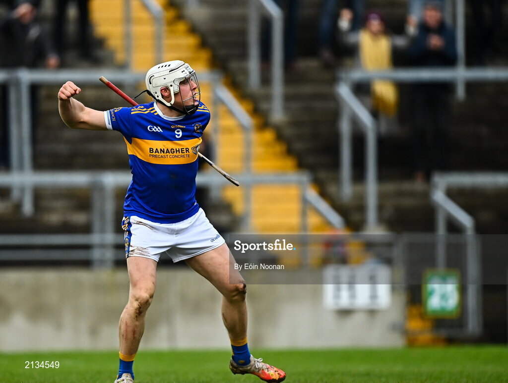 12 December 2021; Ronan Hughes of St Rynaghs celebrates after scoring his side's second goal during the AIB Leinster GAA Hurling Senior Club Championship Semi-Final match between St Rynaghs and Shamrocks Ballyhale at Bord na Mona O’Connor Park in Tullamore, Offaly. Photo by Eóin Noonan/Sportsfile