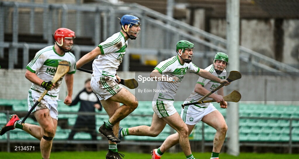 12 December 2021; Shamrocks Ballyhale players, including Eoin Cody celebrate after scoring their side's third goal in the last seconds of normal time to take the game to extra-time during the AIB Leinster GAA Hurling Senior Club Championship Semi-Final match between St Rynaghs and Shamrocks Ballyhale at Bord na Mona O’Connor Park in Tullamore, Offaly. Photo by Eóin Noonan/Sportsfile
