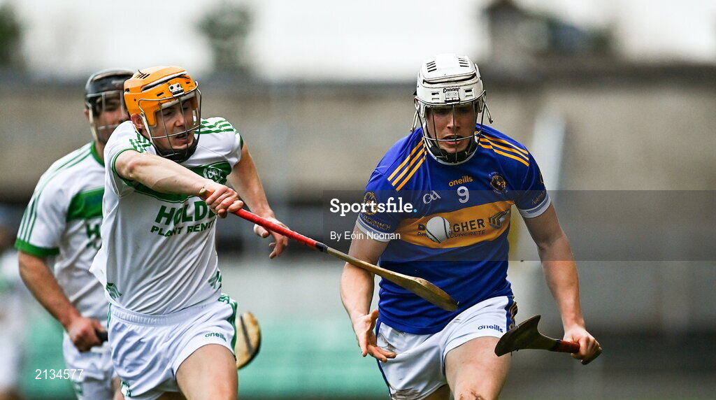 12 December 2021; Ronan Hughes of St Rynaghs in action against Richie Reid of Shamrocks Ballyhale during the AIB Leinster GAA Hurling Senior Club Championship Semi-Final match between St Rynaghs and Shamrocks Ballyhale at Bord na Mona O’Connor Park in Tullamore, Offaly. Photo by Eóin Noonan/Sportsfile