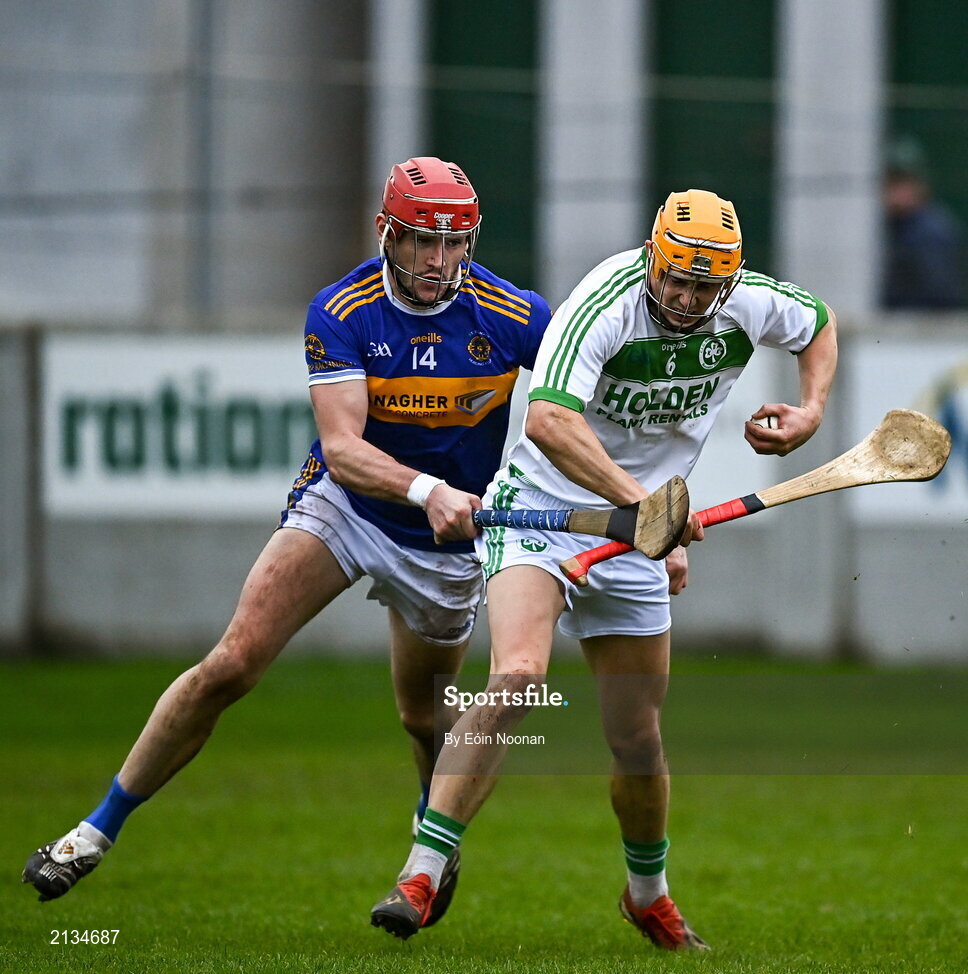 12 December 2021; Richie Reid of Shamrocks Ballyhale in action against Aidan Treacy of St Rynaghs during the AIB Leinster GAA Hurling Senior Club Championship Semi-Final match between St Rynaghs and Shamrocks Ballyhale at Bord na Mona O’Connor Park in Tullamore, Offaly. Photo by Eóin Noonan/Sportsfile