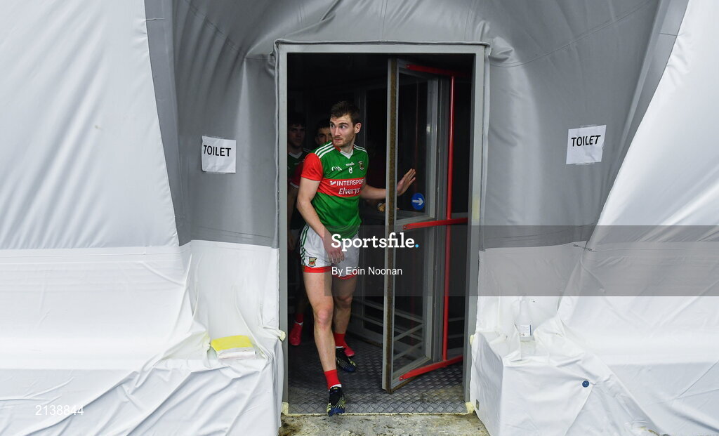 7 January 2022; Conor O’Shea of Mayo makes his way back into the dome with team-mates after half-time during the Connacht FBD League semi-final match between Mayo and Galway at the NUI Galway Connacht GAA Air Dome in Bekan, Mayo. Photo by Eóin Noonan/Sportsfile