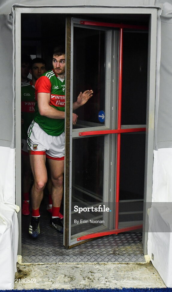 7 January 2022; Conor O’Shea of Mayo makes his way back into the dome with team-mates after half-time during the Connacht FBD League semi-final match between Mayo and Galway at the NUI Galway Connacht GAA Air Dome in Bekan, Mayo. Photo by Eóin Noonan/Sportsfile