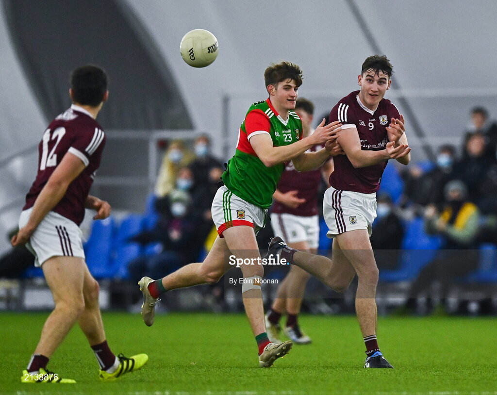 7 January 2022; Matthew Tierney of Galway in action against Rory Brickenden of Mayo during the Connacht FBD League semi-final match between Mayo and Galway at the NUI Galway Connacht GAA Air Dome in Bekan, Mayo. Photo by Eóin Noonan/Sportsfile