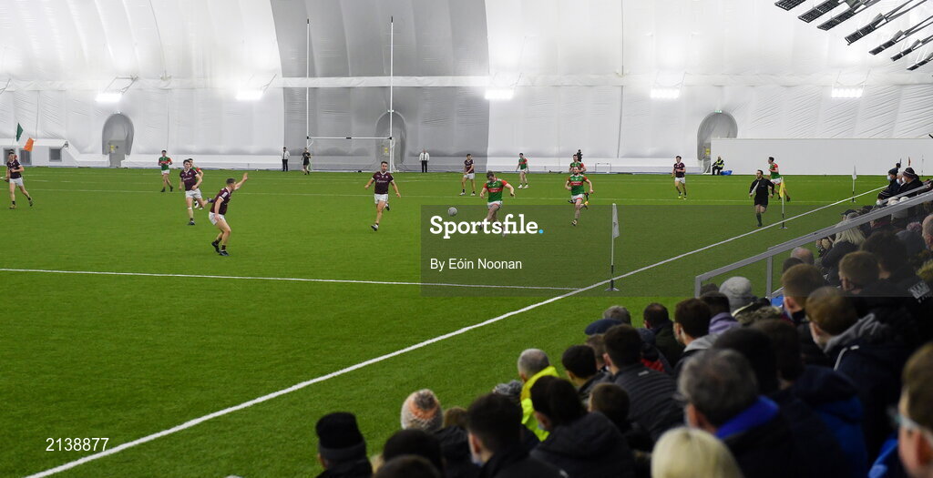 7 January 2022; Eoghan McLaughlin of Mayo in action as spectators watch on from the stand during the Connacht FBD League semi-final match between Mayo and Galway at the NUI Galway Connacht GAA Air Dome in Bekan, Mayo. Photo by Eóin Noonan/Sportsfile