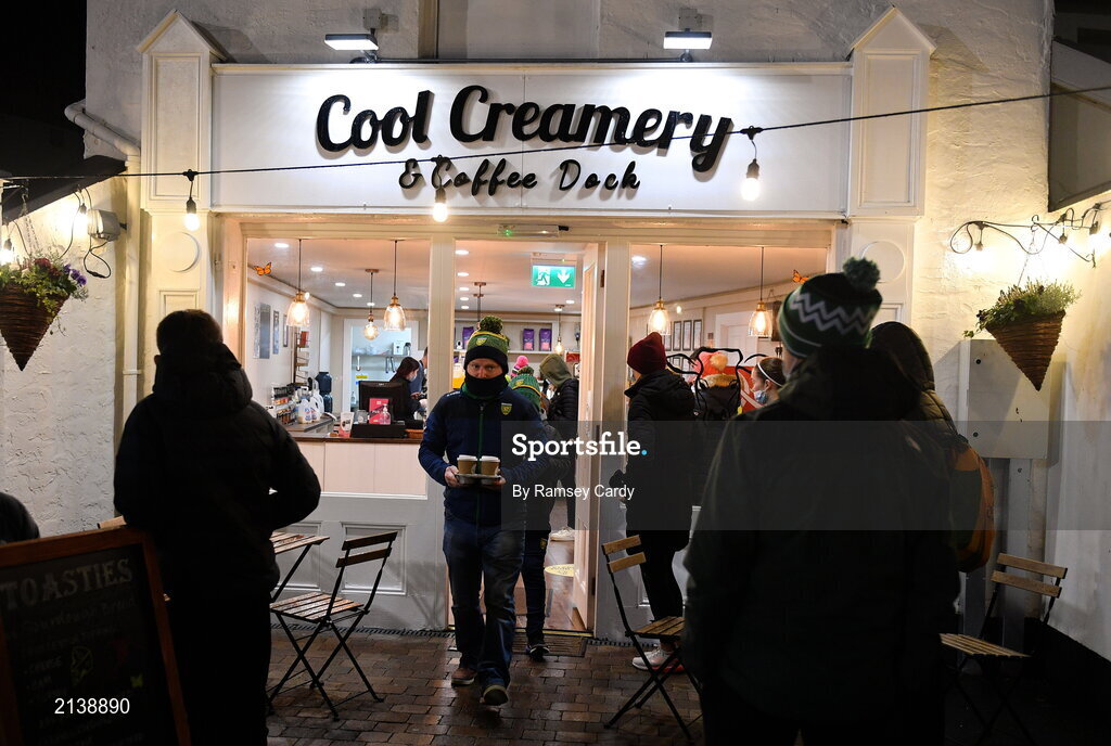 7 January 2022; Supporters outside a local coffee shop before the Dr McKenna Cup Round 1 match between Donegal and Down at Pairc MacCumhaill in Ballybofey, Donegal. Photo by Ramsey Cardy/Sportsfile